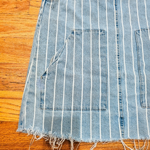 Pull & Bear Size L Denim Dress Overalls with Railroad Stripe Raw Hem Pockets - Picture 2 of 7